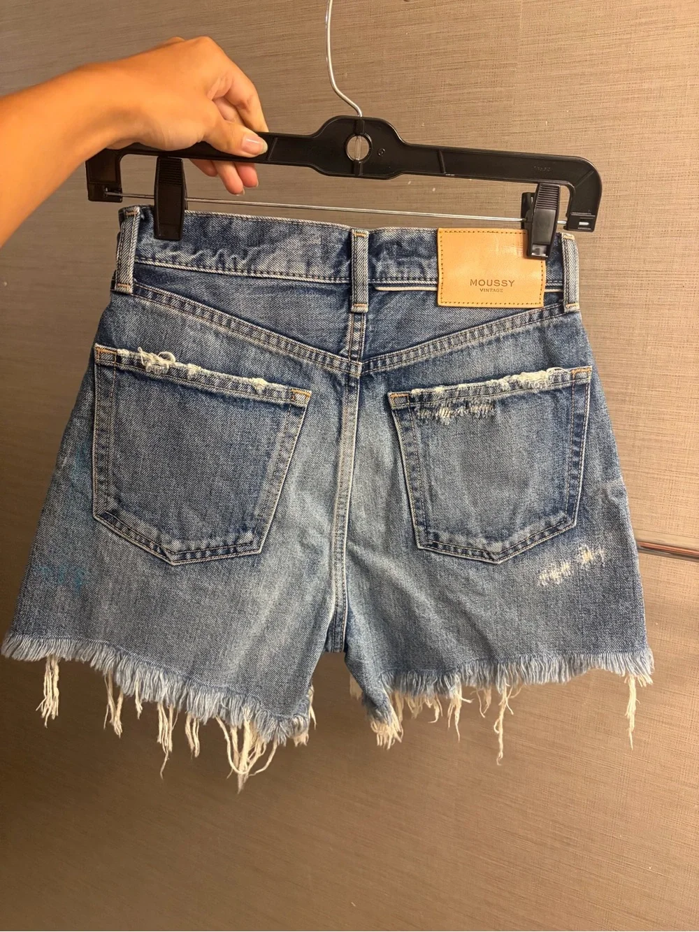 Moussy Frayed Hem Distressed Denim Shorts - Light Blue